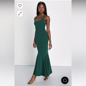 Lulu’s Romantic Destiny Emerald Green Square Neck Trumpet Maxi Dress